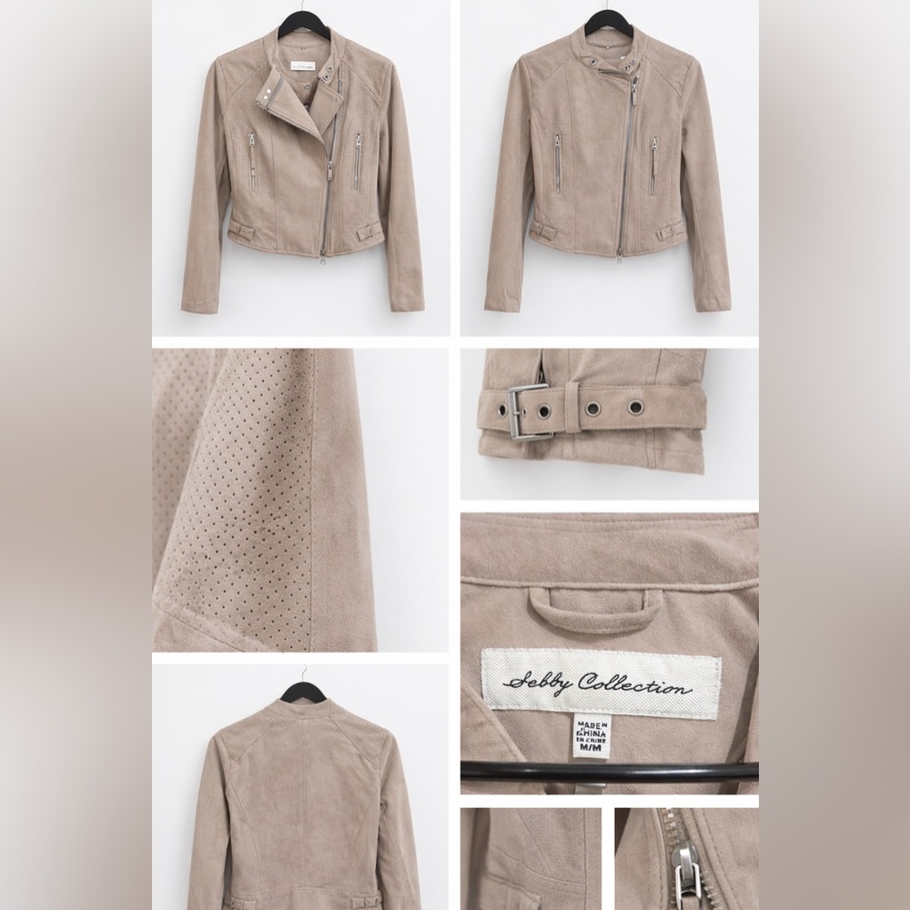 Sebby Collection Taupe Faux Suede Moto Jacket | Perforated Panels | Size M